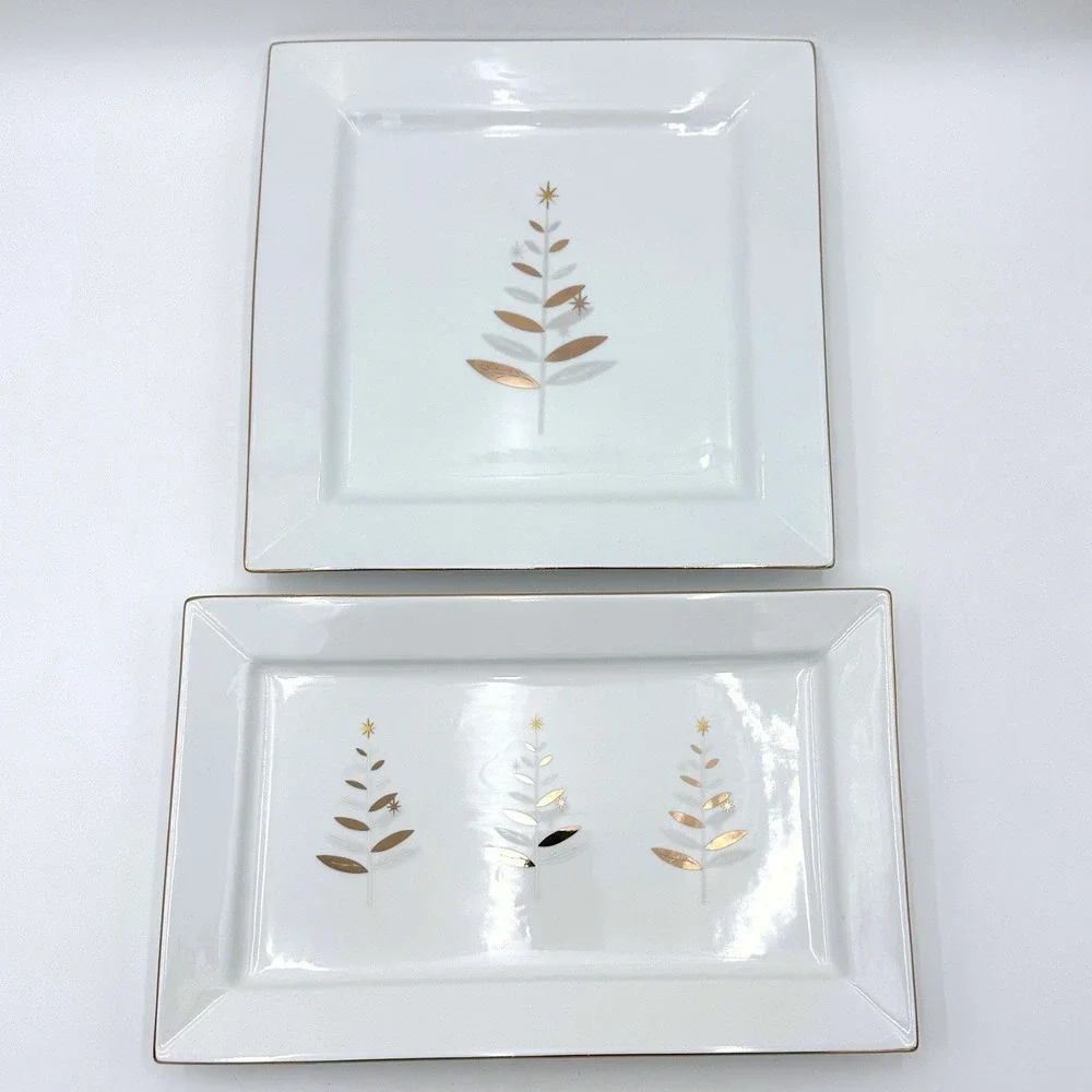 Gourmet Fitz and Floyd Trees In Gold Serving Platter Set of 2 Christmas Holiday